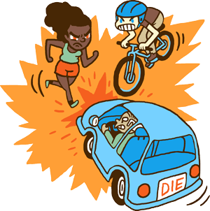 This is a cartoon version of a runner, biker and car going head-to-head.